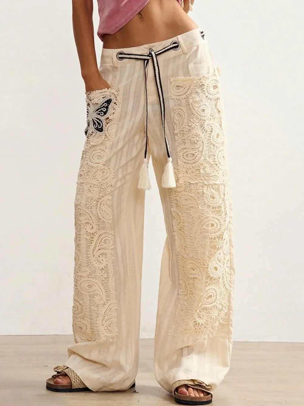 Multicolor Casual Women's Boho Woven Contrast Lace Loose Wide Leg Long Pants